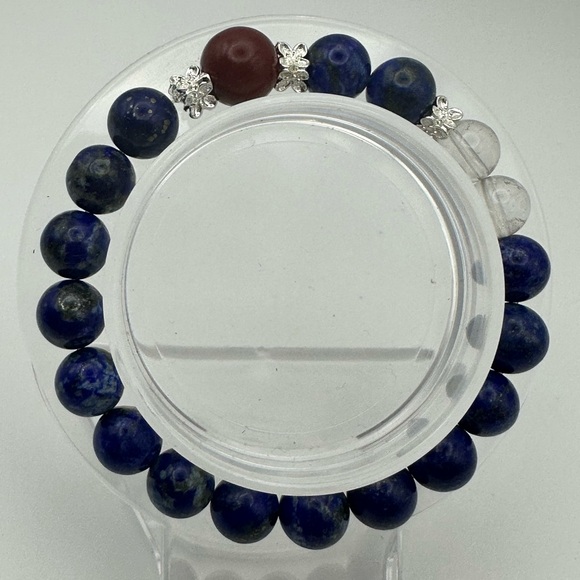 Cinnabar, Lapis Lazuli, and Clear Quartz Beaded Bracelet (Red, White, and Blue) - Picture 2 of 6